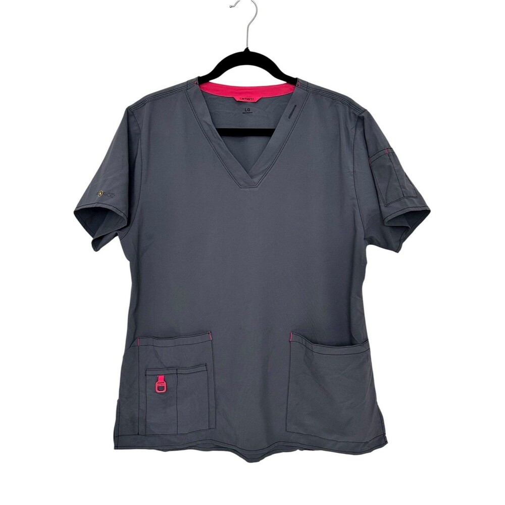 Carhartt Force Scrub Top Women’s Large Gray Pink Trim V-Neck Pockets Medical